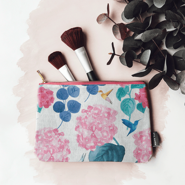 hydrangeas and hummingbirds floral print makeup bag