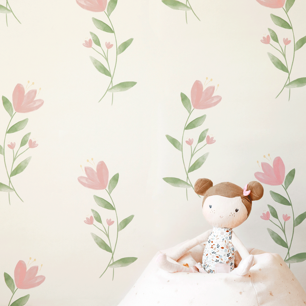 Stil Haven pink floral tulip wallpaper girls room nursery