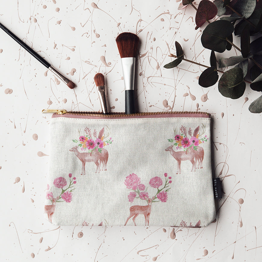 woodland wonder stag deer floral makeup bag