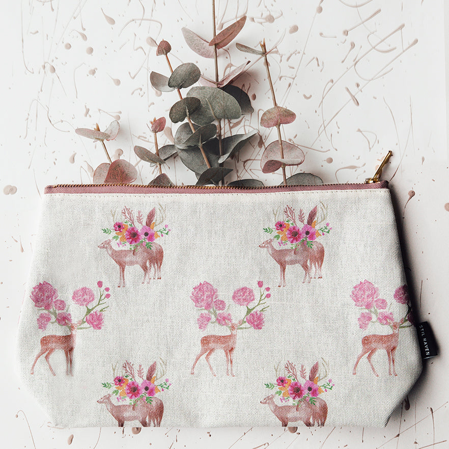 woodland wonder stag deer floral wash bag